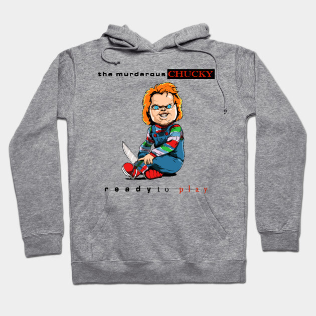 Gray hoodie with horror-themed graphic, colorful doll design. Cozy cotton blend, perfect for casual wear and fans.