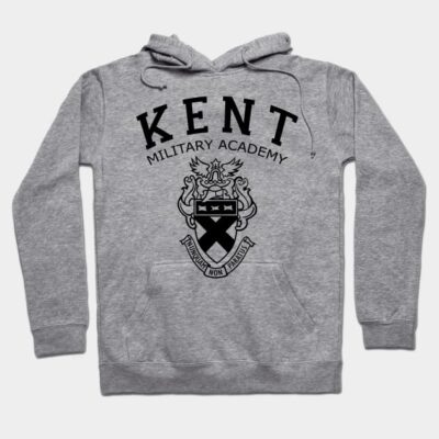 Gray hoodie with "Kent Military Academy" text and crest, featuring a kangaroo pocket and drawstrings, cotton blend.