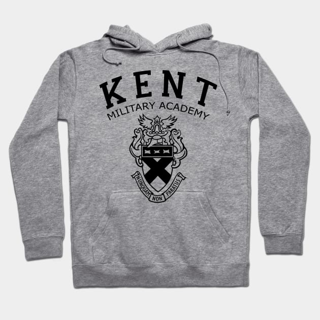 Gray hoodie with "Kent Military Academy" text and crest, featuring a kangaroo pocket and drawstrings, cotton blend.