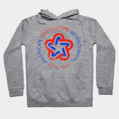 Gray hoodie with "American Revolution Bicentennial 1776-1976" design, red and blue graphic, cozy style.