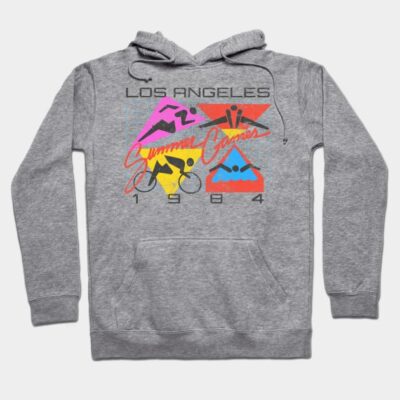 Gray Los Angeles 1984 Summer Games hoodie with colorful geometric design, casual style, comfortable cotton blend.