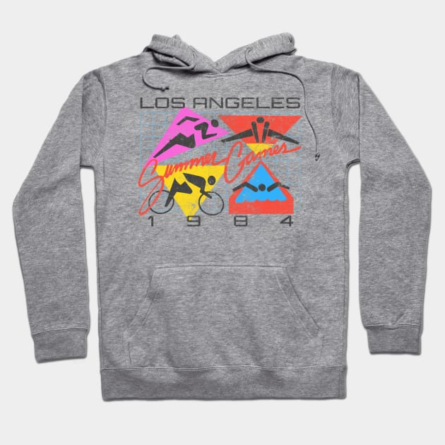 Gray Los Angeles 1984 Summer Games hoodie with colorful geometric design, casual style, comfortable cotton blend.