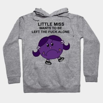 Gray hoodie with cartoon graphic and humorous text, featuring a playful purple character, casual style, cotton blend.