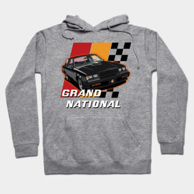 Gray hoodie with vintage car graphic and "Grand National" text, casual style, cotton blend, unisex design.
