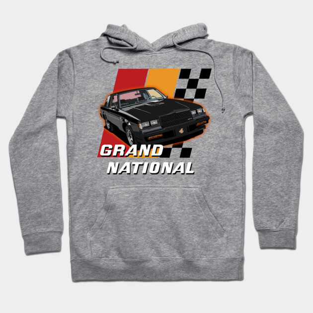 Gray hoodie with vintage car graphic and "Grand National" text, casual style, cotton blend, unisex design.