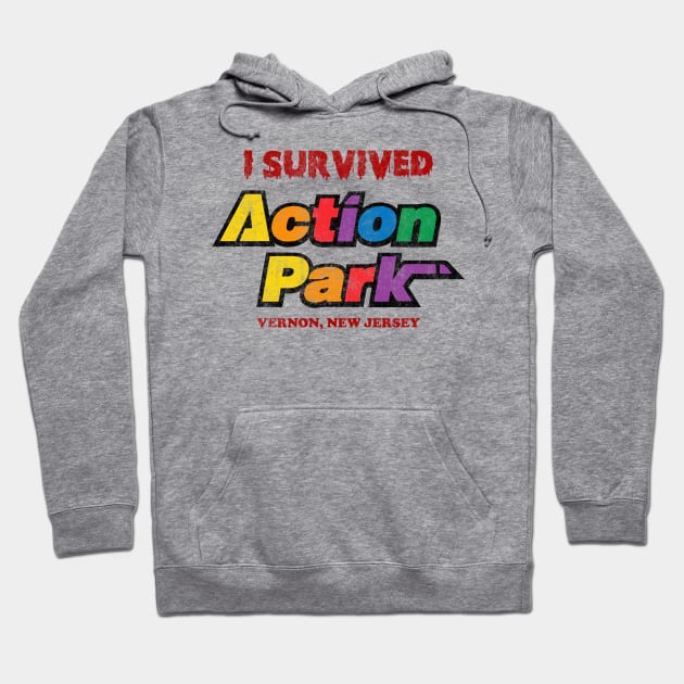 Gray hooded sweatshirt with "I Survived Action Park" colorful text, ideal for casual wear, cotton blend material.