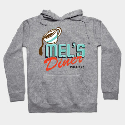 Gray hoodie with "Mel's Diner" logo, coffee cup graphic, casual style, soft fabric, unisex, ideal for everyday wear.