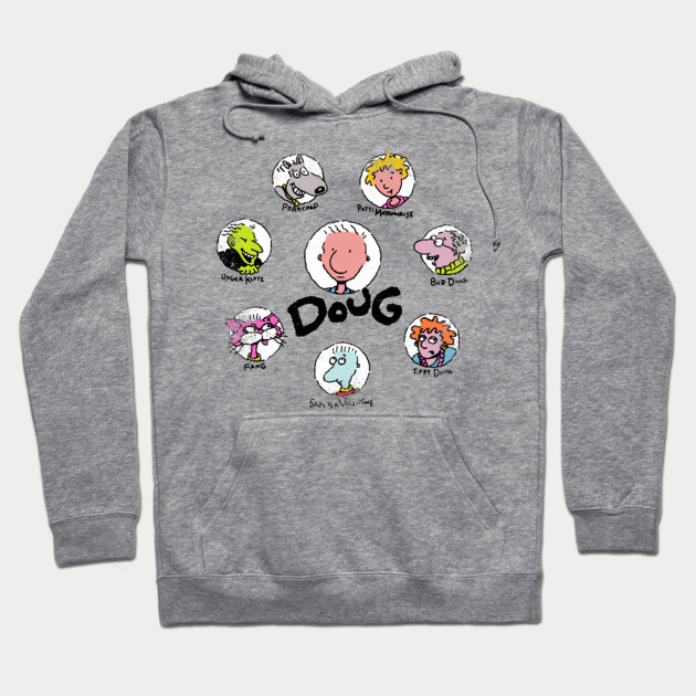 Gray graphic hoodie featuring colorful cartoon characters, perfect for casual wear, made from soft cotton blend.