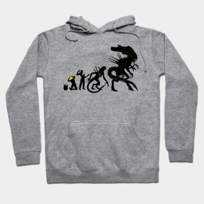 Gray hoodie with black evolution graphic, featuring unique design elements. Perfect for casual wear, cotton blend.