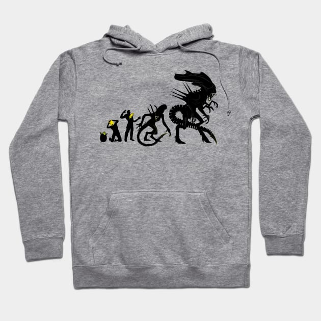 Gray hoodie with black evolution graphic, featuring unique design elements. Perfect for casual wear, cotton blend.