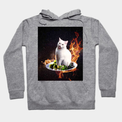 Gray hoodie with surreal cat and salad graphic, featuring flames, made from soft cotton blend for casual wear.