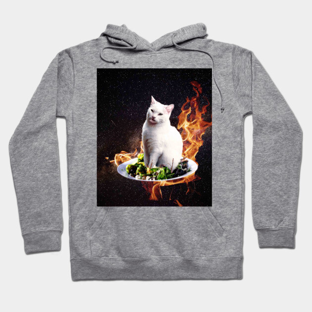 Gray hoodie with surreal cat and salad graphic, featuring flames, made from soft cotton blend for casual wear.
