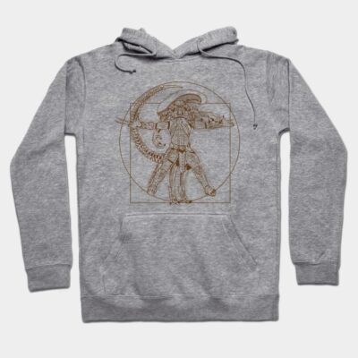 Gray hoodie with detailed brown graphic design, featuring kangaroo pocket and drawstring hood, perfect for casual wear.