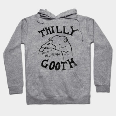 Gray hoodie with "Thilly Gooth" graphic, featuring a humorous cartoon bird. Casual, cozy, cotton blend material.
