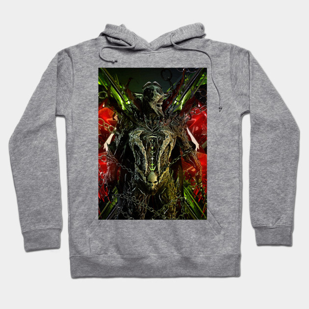Gray hoodie featuring a vibrant, abstract design with red and green accents, perfect for casual wear.