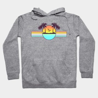 Gray hoodie with colorful sunset and palm tree graphic, casual style, perfect for everyday wear.