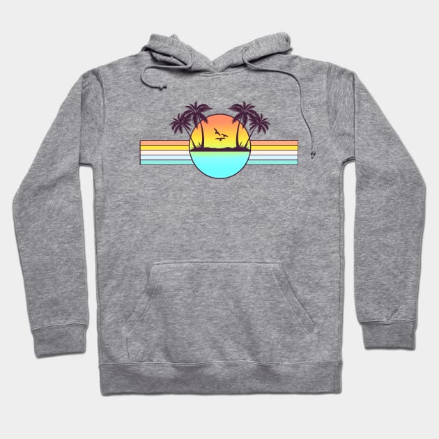 Gray hoodie with colorful sunset and palm tree graphic, casual style, perfect for everyday wear.