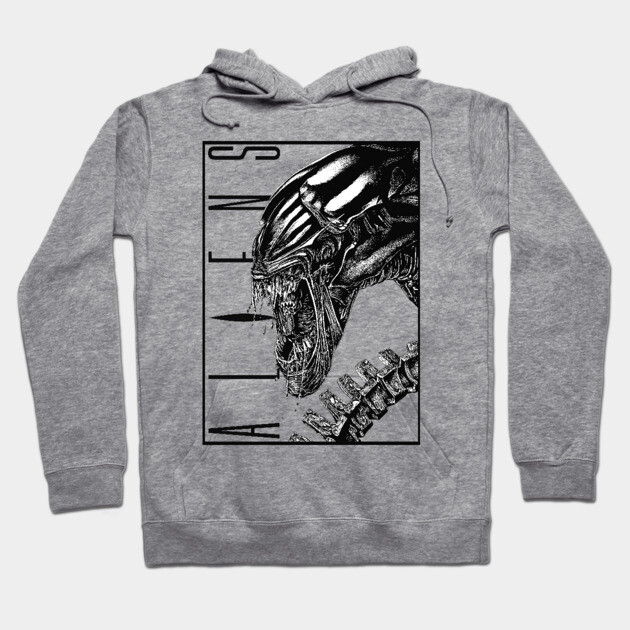 Gray hoodie with alien graphic design, cozy cotton material, ideal for casual wear and sci-fi enthusiasts.