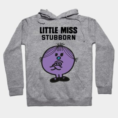 Gray hoodie with "Little Miss Stubborn" print, featuring purple character design. Casual style, comfortable material.