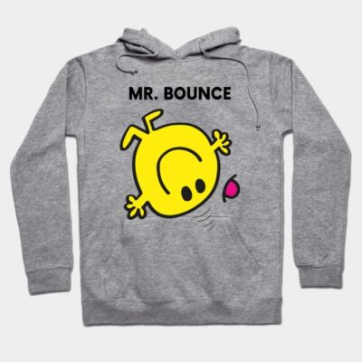 Gray hoodie with "Mr. Bounce" graphic, featuring a yellow cartoon character. Cozy casual wear for everyday comfort.