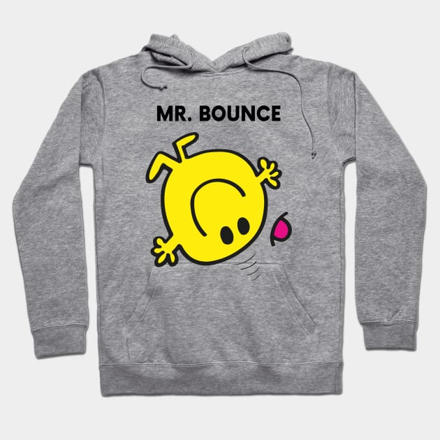 Gray hoodie with "Mr. Bounce" graphic, featuring a yellow cartoon character. Cozy casual wear for everyday comfort.