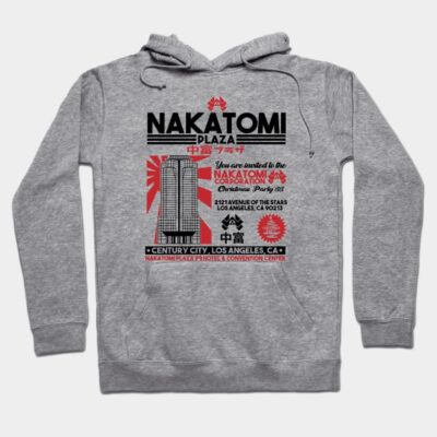 Gray cotton hoodie with "Nakatomi Plaza" graphic design, casual style, perfect for everyday wear.