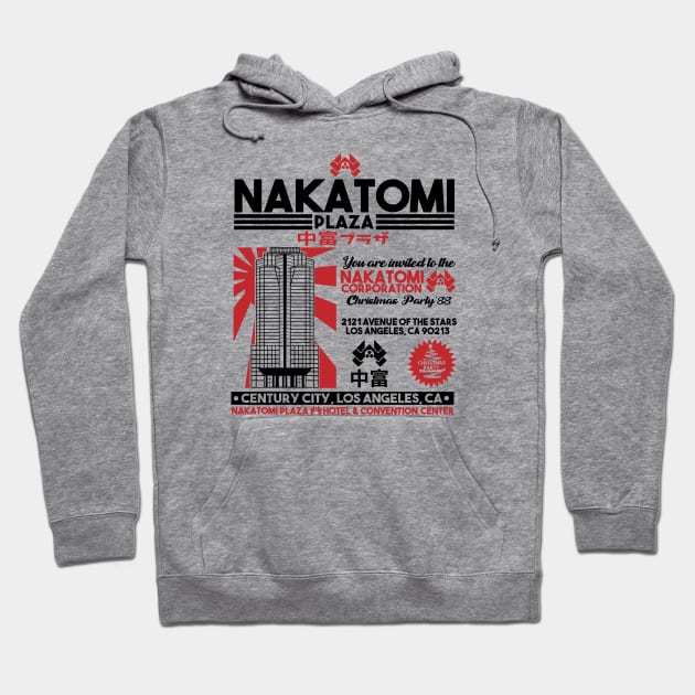 Gray cotton hoodie with "Nakatomi Plaza" graphic design, casual style, perfect for everyday wear.