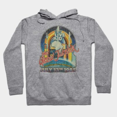 Gray hoodie with vintage concert graphic, "Live Aid" text, and drawstring hood. Perfect for casual wear and cozy style.