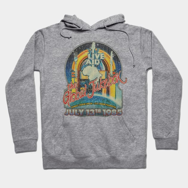 Gray hoodie with vintage concert graphic, "Live Aid" text, and drawstring hood. Perfect for casual wear and cozy style.