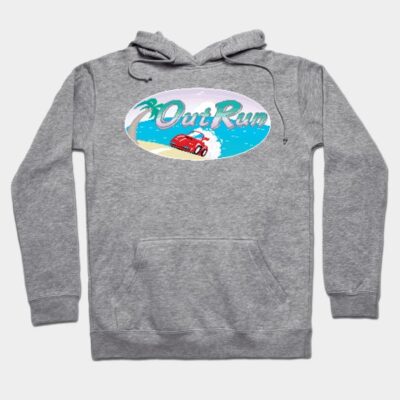 Gray "OutRun" graphic hoodie with beach and car design, cozy fleece material, casual streetwear style.