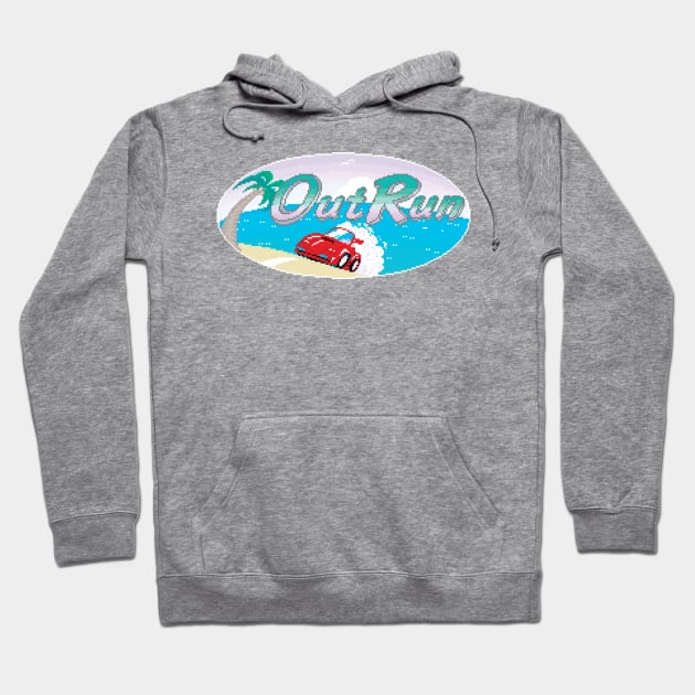 Gray "OutRun" graphic hoodie with beach and car design, cozy fleece material, casual streetwear style.