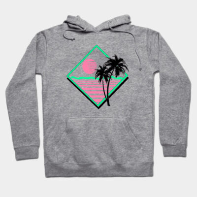 Gray hoodie with tropical sunset graphic, featuring pink and green design, palm trees, casual style, cotton blend.