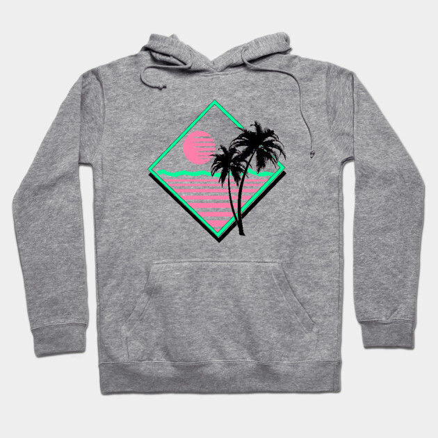 Gray hoodie with tropical sunset graphic, featuring pink and green design, palm trees, casual style, cotton blend.
