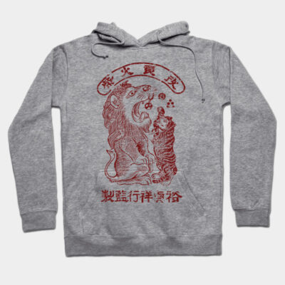 Gray hoodie with red Asian-inspired lion and tiger print, cozy cotton material, casual style, unisex design.