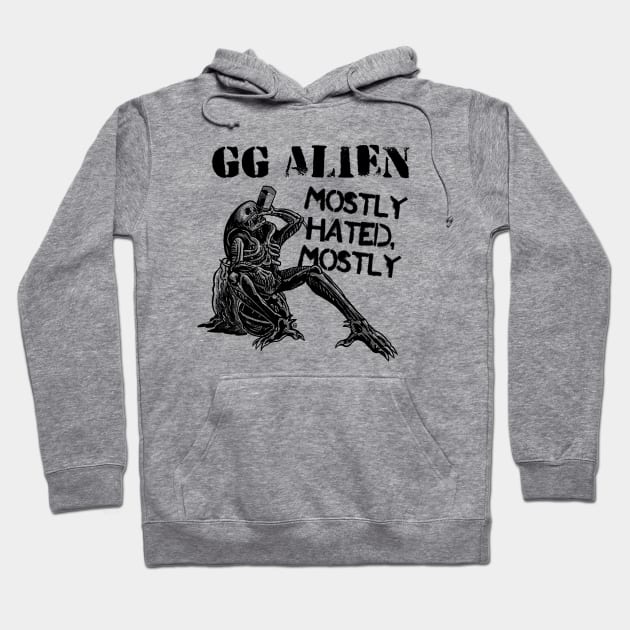 Gray hoodie with "GG Alien Mostly Hated" graphic, casual style, cotton blend, perfect for everyday wear.