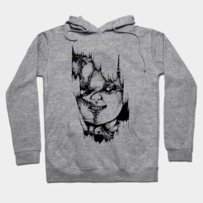Gray hoodie with artistic horror graphic, unisex, casual wear, cotton blend, front pocket, drawstring hood.