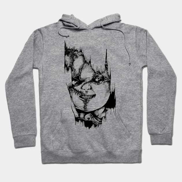 Gray hoodie with artistic horror graphic, unisex, casual wear, cotton blend, front pocket, drawstring hood.