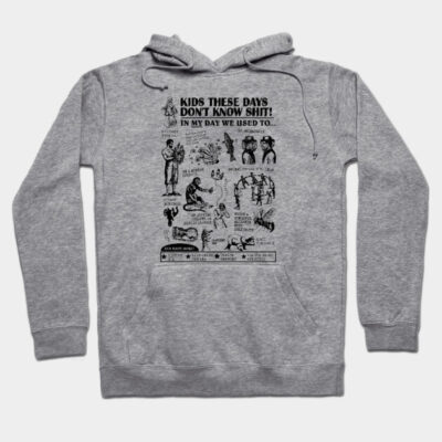 Gray hoodie featuring vintage-style graphics and text, casual fit, comfortable cotton blend material.