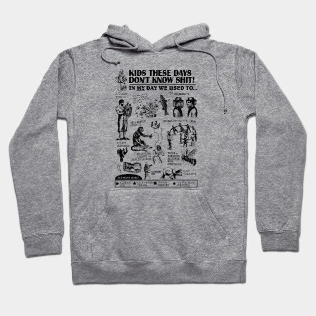 Gray hoodie featuring vintage-style graphics and text, casual fit, comfortable cotton blend material.