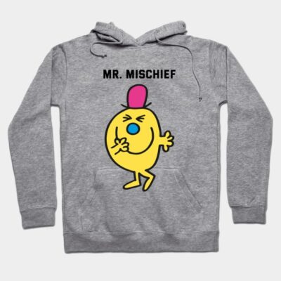 Gray hoodie with a playful yellow cartoon character design, featuring "Mr. Mischief" text, casual and cozy style.