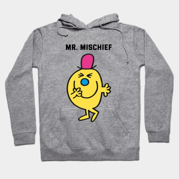 Gray hoodie with a playful yellow cartoon character design, featuring "Mr. Mischief" text, casual and cozy style.