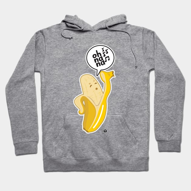Gray hoodie with banana graphic and "oh na na" text, casual unisex style, cotton blend, front pouch pocket.