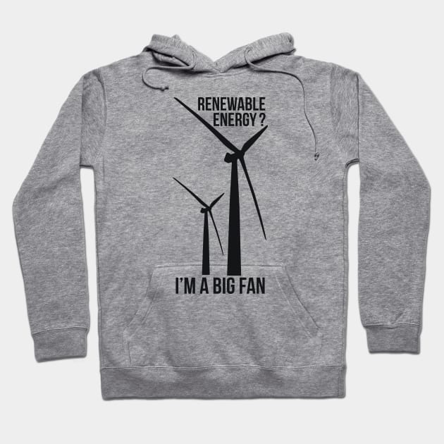 Gray hoodie with wind turbine graphic and "Renewable Energy? I'm a Big Fan" text, eco-friendly casual wear.
