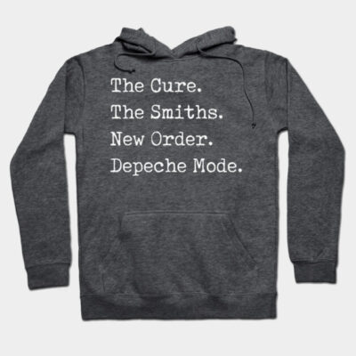 Charcoal gray hoodie with white text listing band names, casual style, cotton blend material, unisex fit.