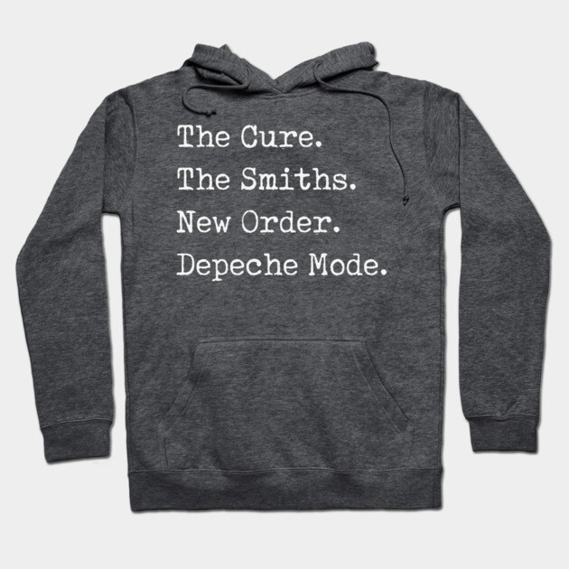 Charcoal gray hoodie with white text listing band names, casual style, cotton blend material, unisex fit.