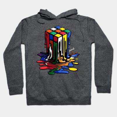 "Gray hoodie with colorful melting cube design, casual style, unisex, perfect for everyday wear, soft fabric."