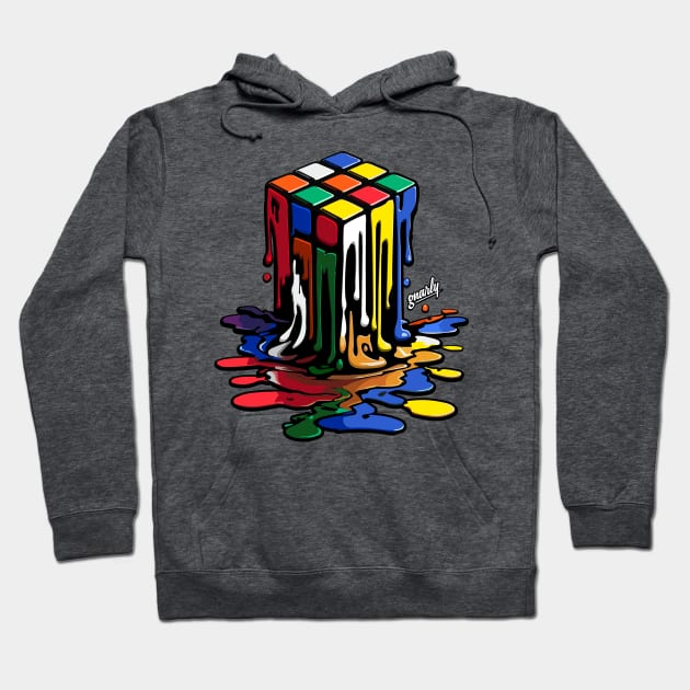 "Gray hoodie with colorful melting cube design, casual style, unisex, perfect for everyday wear, soft fabric."
