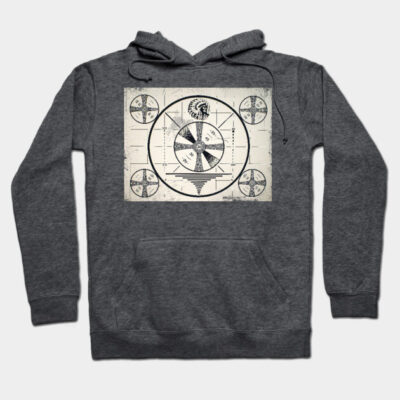"Gray hoodie with vintage test pattern design, soft cotton blend, casual wear, unisex style, perfect for cool weather."