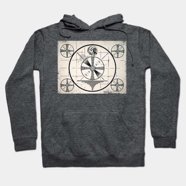 "Gray hoodie with vintage test pattern design, soft cotton blend, casual wear, unisex style, perfect for cool weather."