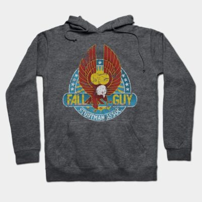 Gray hoodie with vintage eagle graphic and "Fall Guy" text, made of soft cotton, ideal for casual wear.